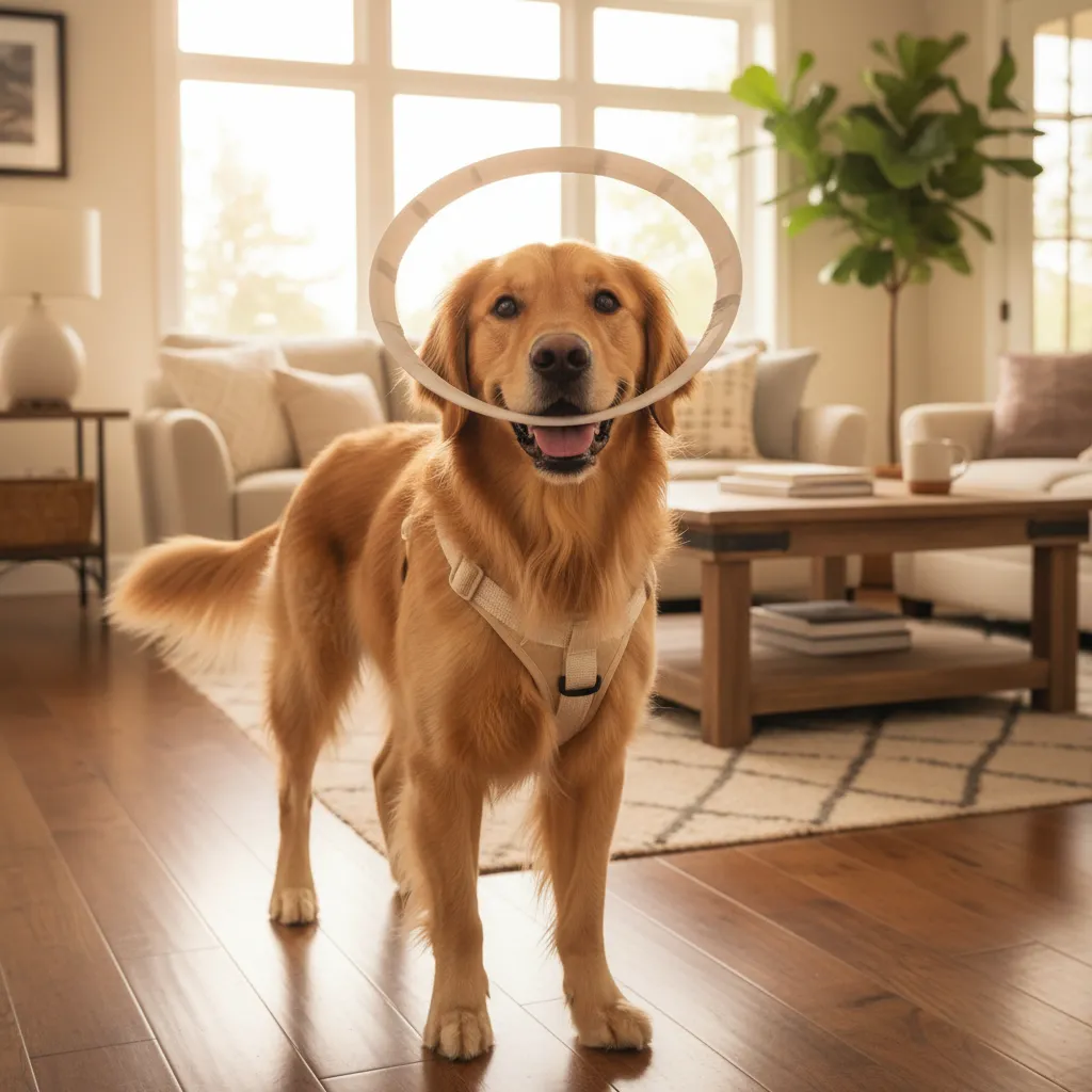 Blind dog wearing a halo harness for safety