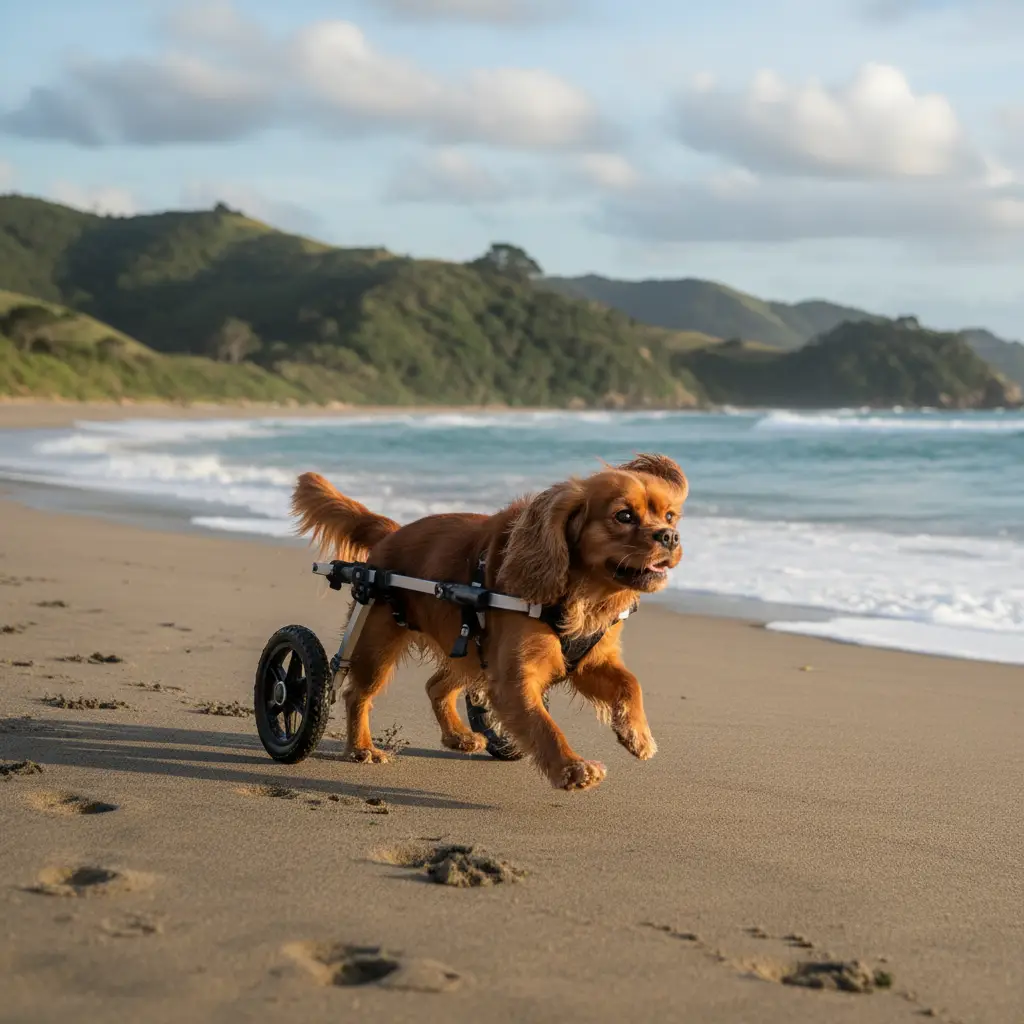Dog using a wheelchair on a beach