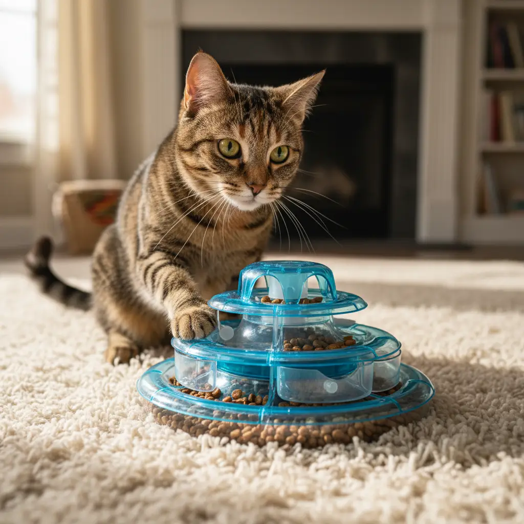 Special needs cat using a puzzle feeder