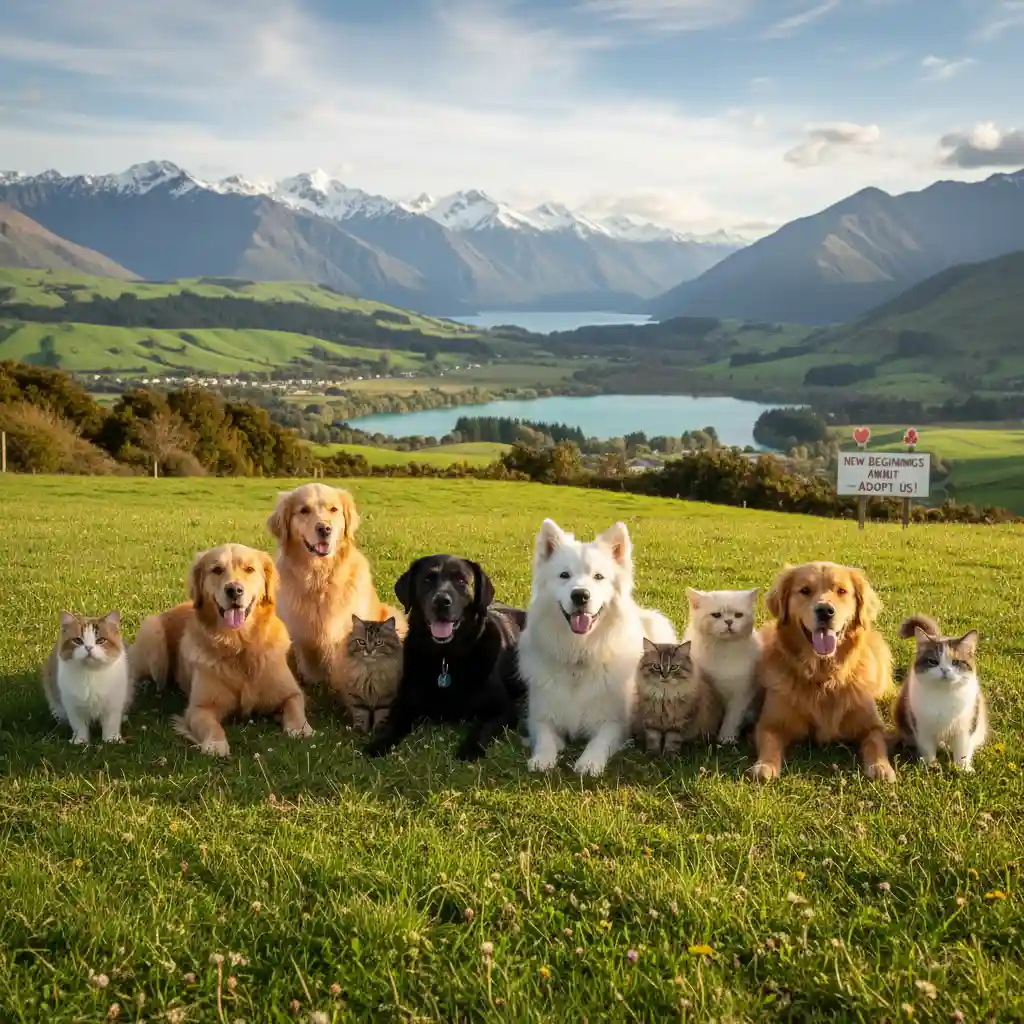 Dogs and cats waiting for adoption in a New Zealand landscape