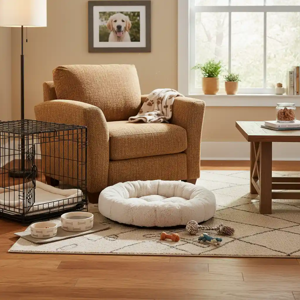 Home prepared for new pet with bed and crate