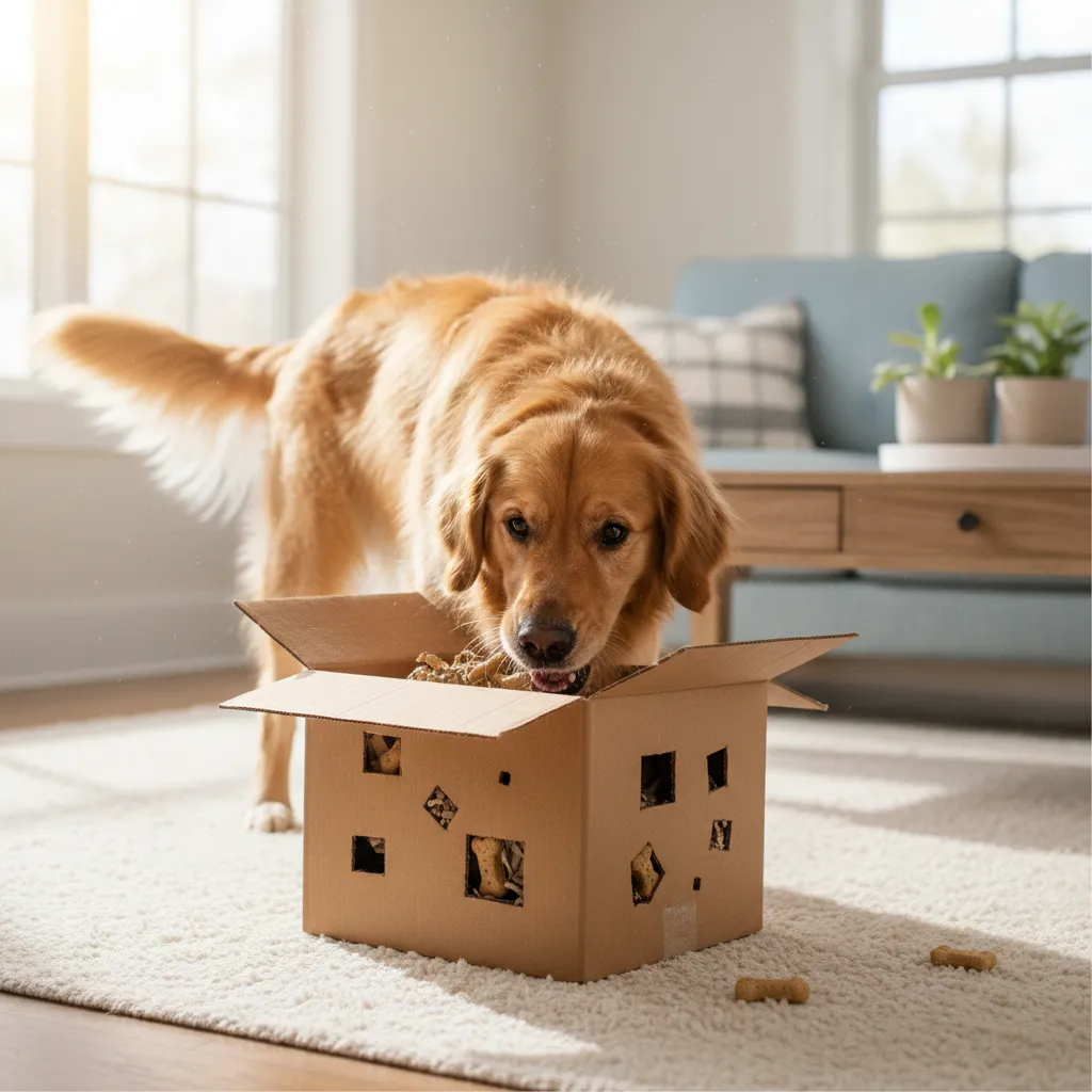 Dog playing with DIY cardboard enrichment box