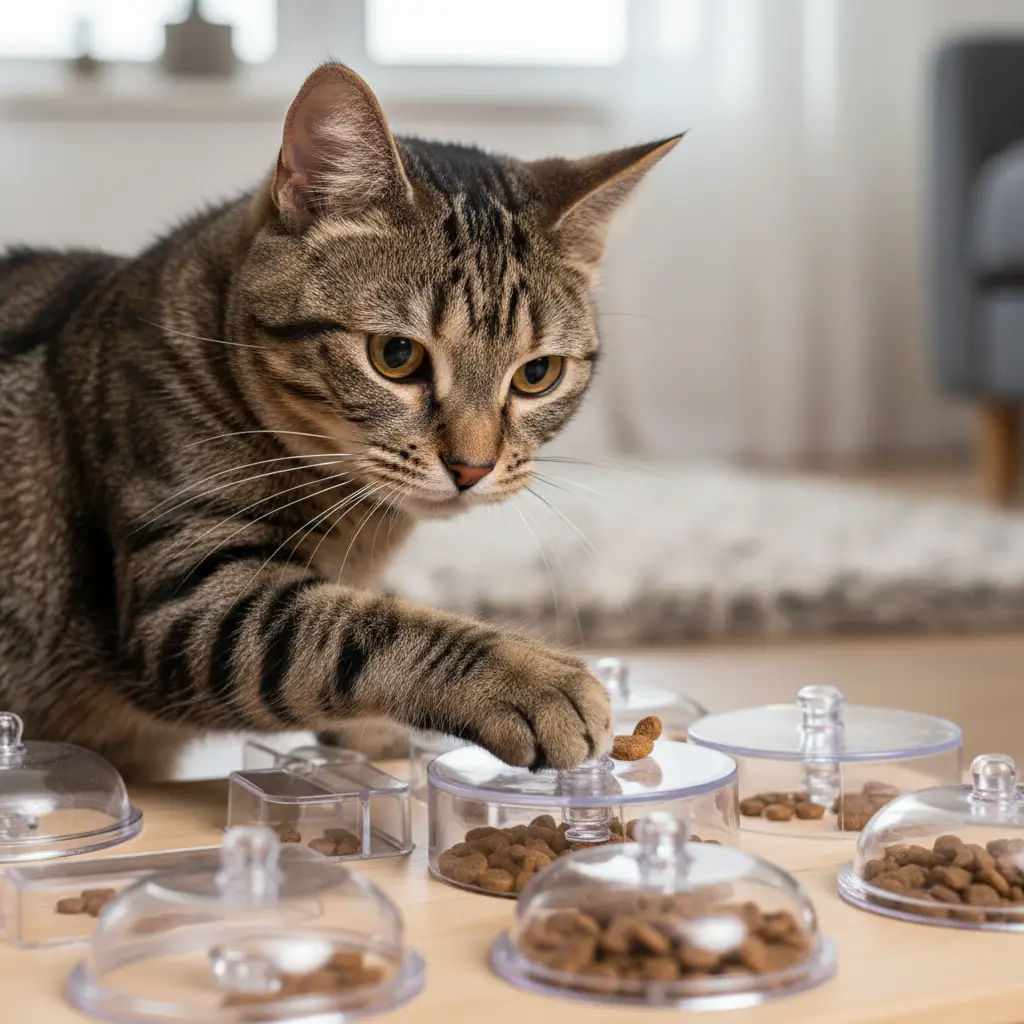 Cat using interactive food puzzle for mental stimulation