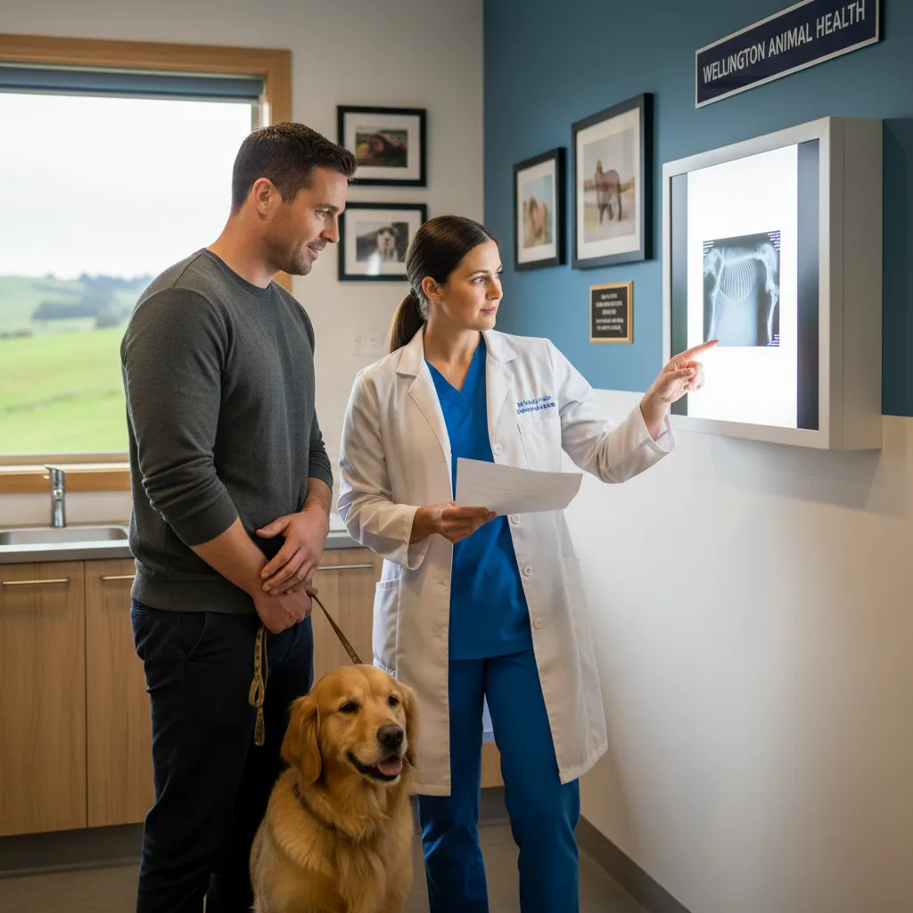 Veterinarian consulting with a dog owner about responsible breeding and health