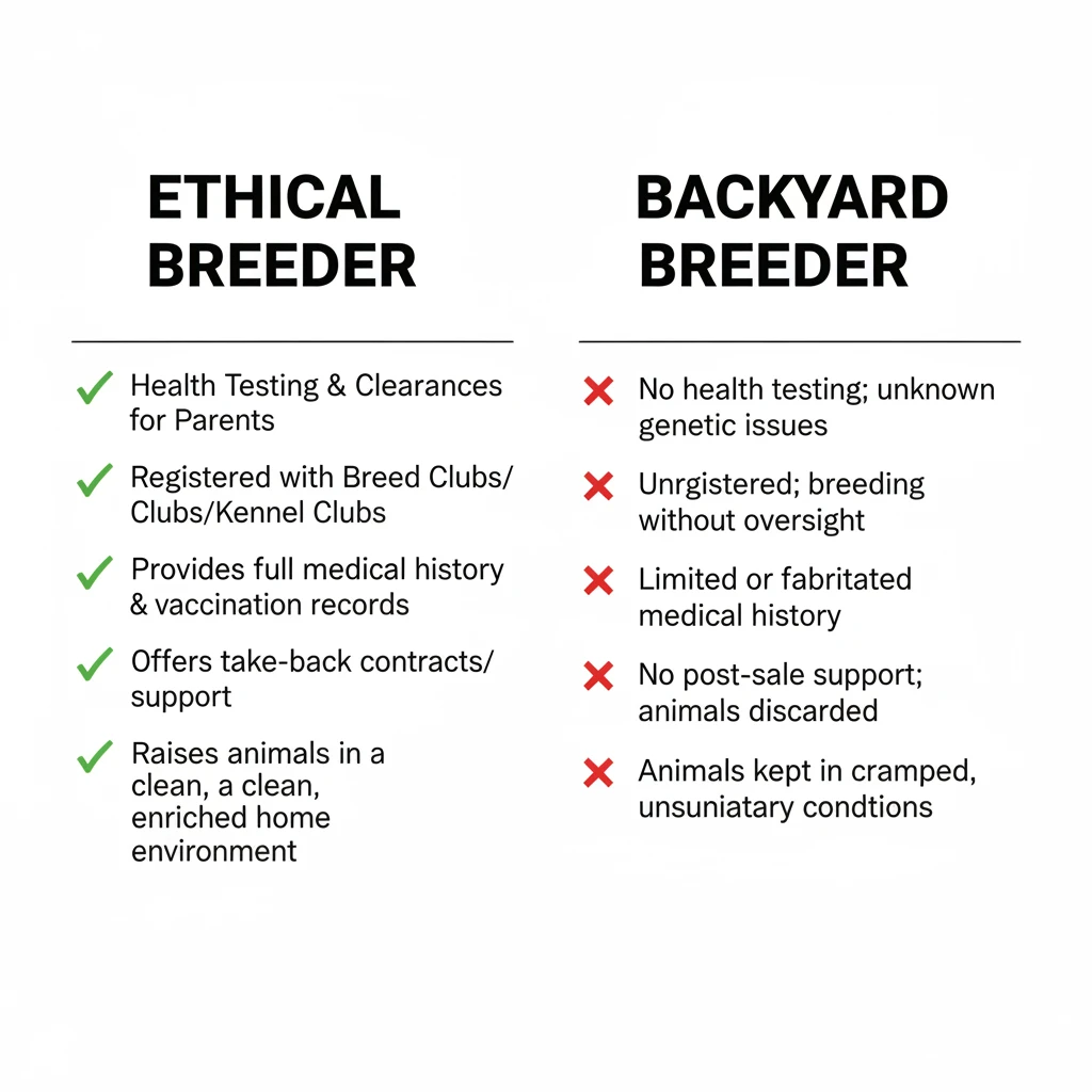 Comparison chart of ethical breeders versus backyard breeders