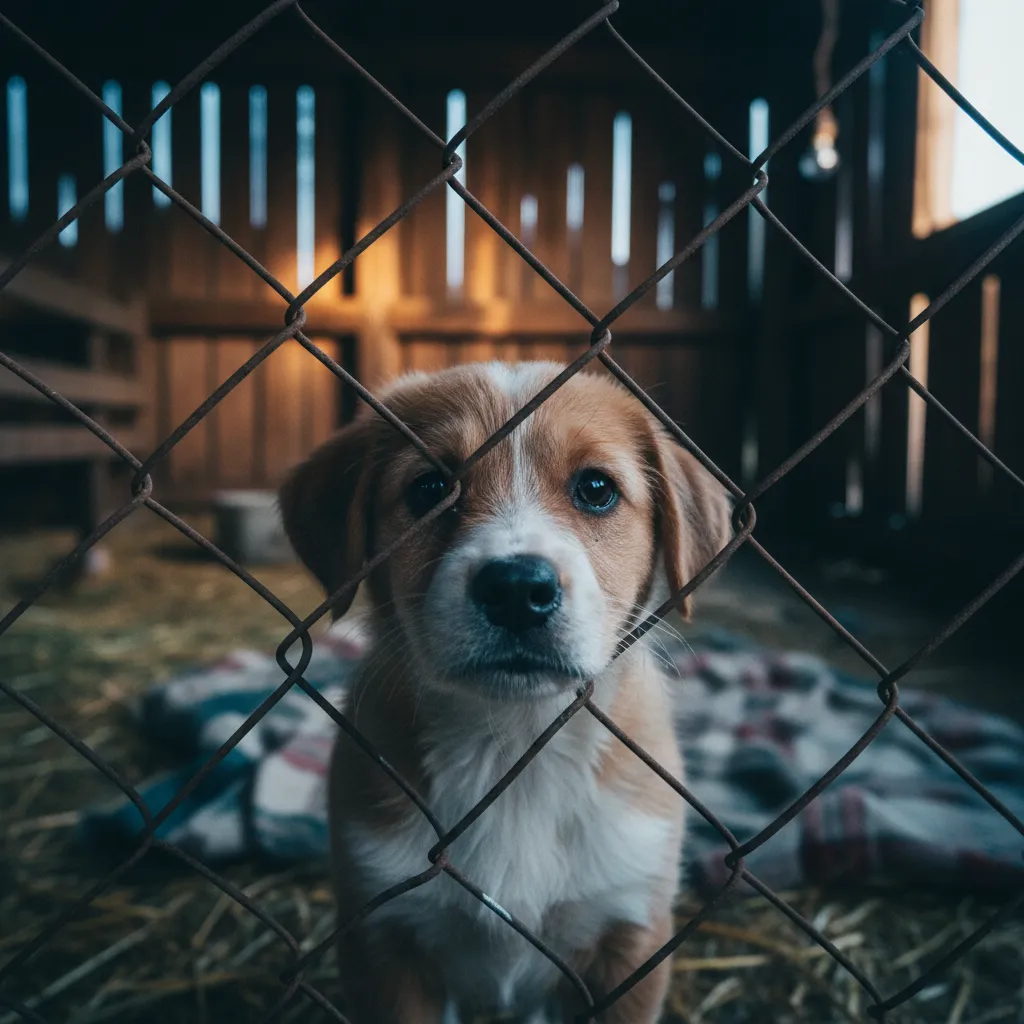 Puppy in a wire cage at a commercial breeding facility