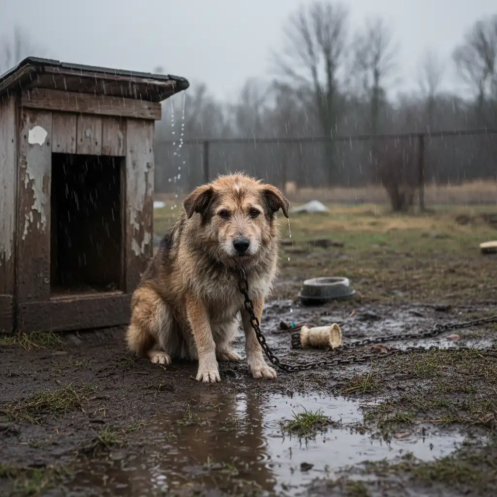 Dog tethered to a kennel in muddy conditions