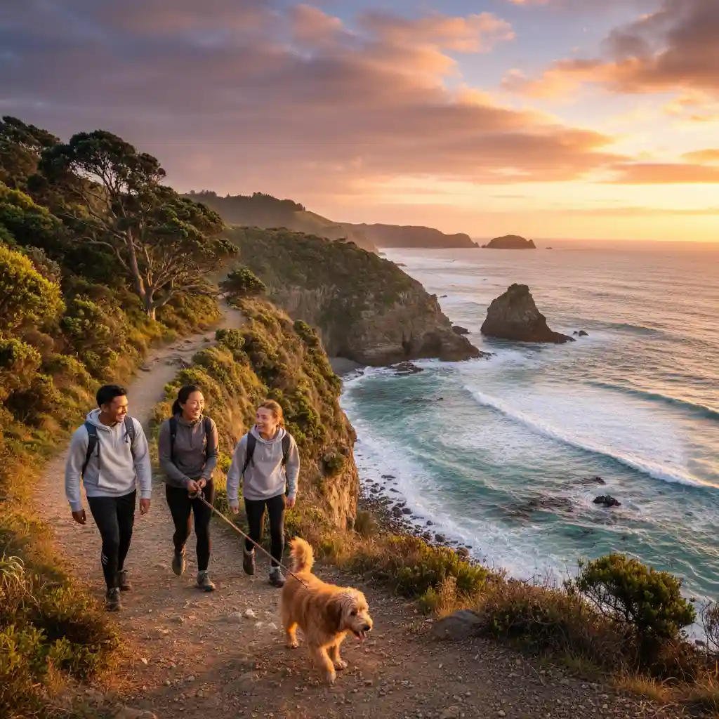 Family walking dog on NZ coast