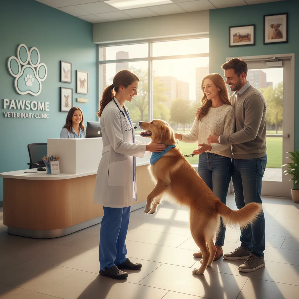 Family adopting a rescued dog from a veterinarian