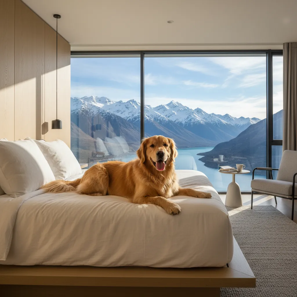 Dog relaxing in a pet friendly hotel room in New Zealand
