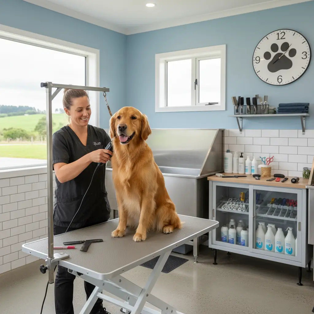 Professional dog groomer in NZ tending to a Golden Retriever