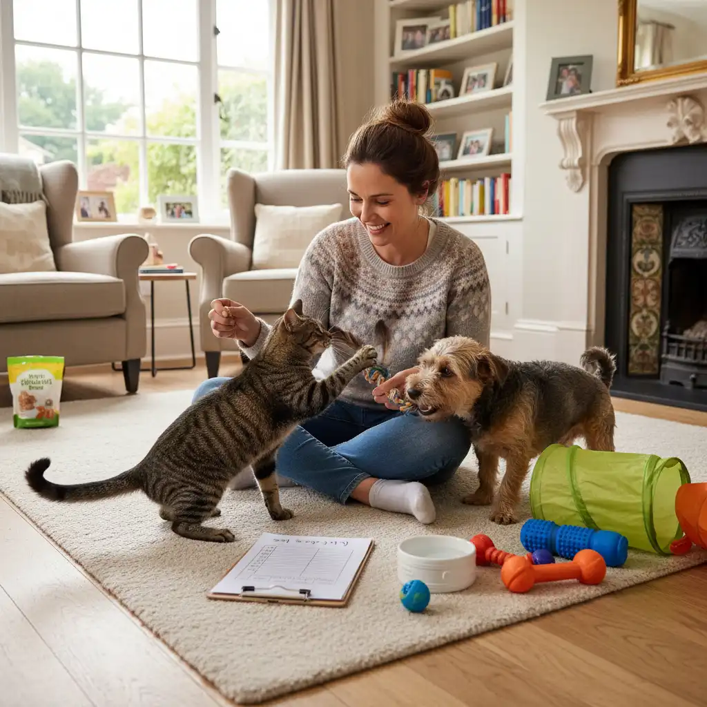 Pet sitter interacting with a cat and dog in a home environment