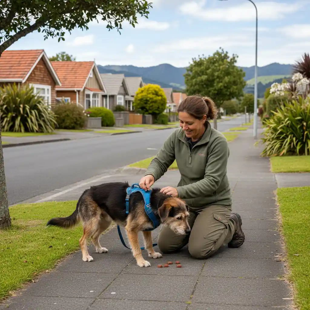Gentle handling of a rescue dog by a professional walker