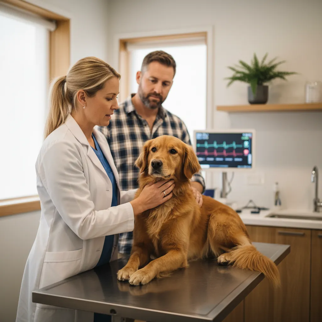 Veterinarian examining a rescue dog in a New Zealand clinic