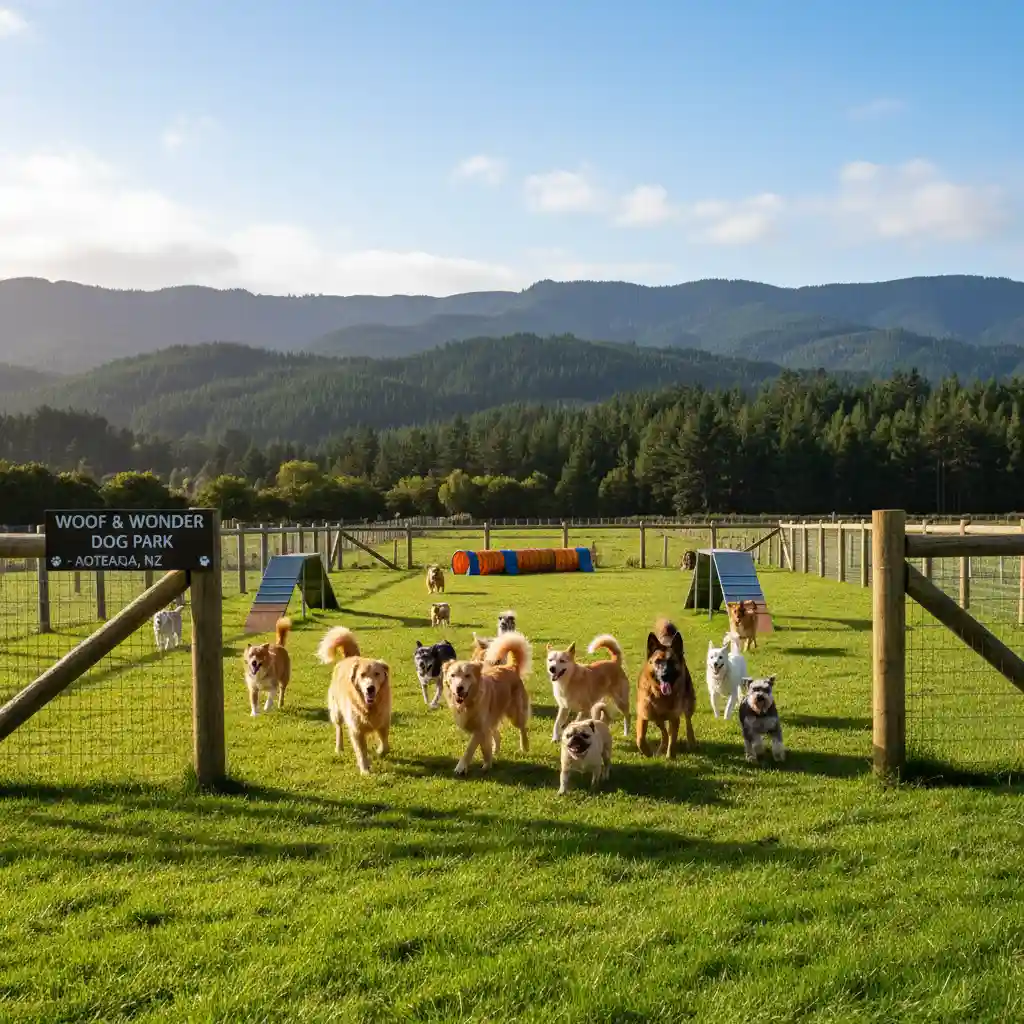 Dogs playing in a scenic New Zealand dog park
