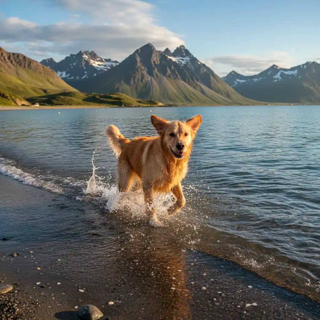 Dog running on a pet-friendly beach in New Zealand