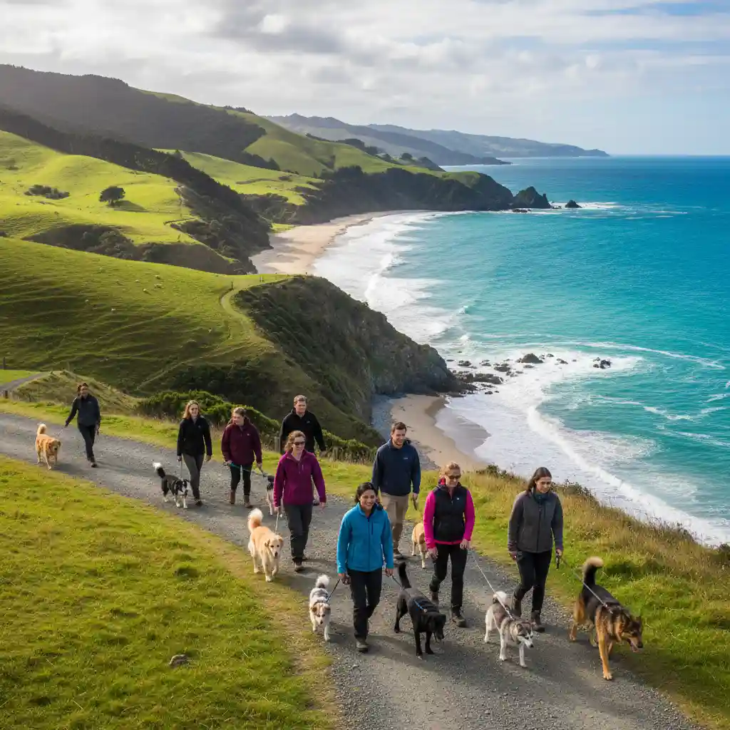 A community dog walking group enjoying a coastal track in New Zealand