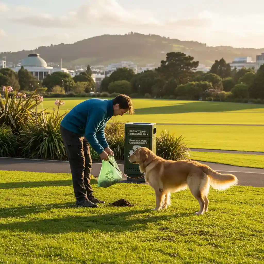 Responsible dog owner cleaning up waste in a park