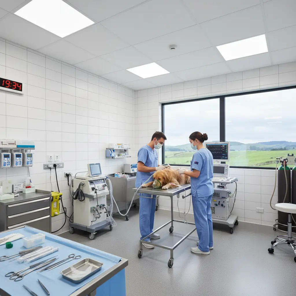 Veterinarians treating a dog in a New Zealand emergency clinic