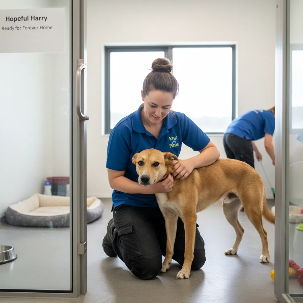 Animal shelter worker comforting a dog