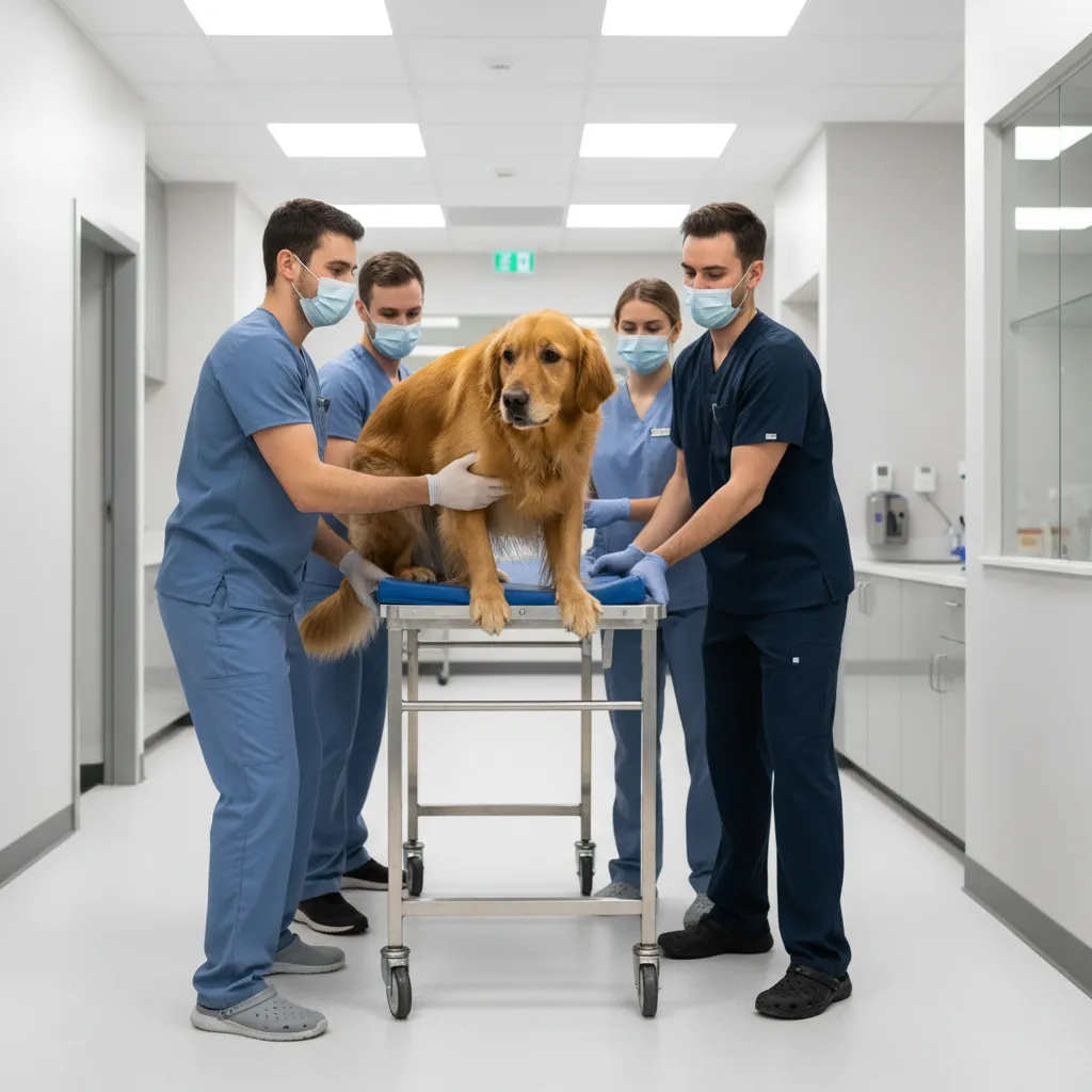 Transporting an injured dog to the emergency vet room