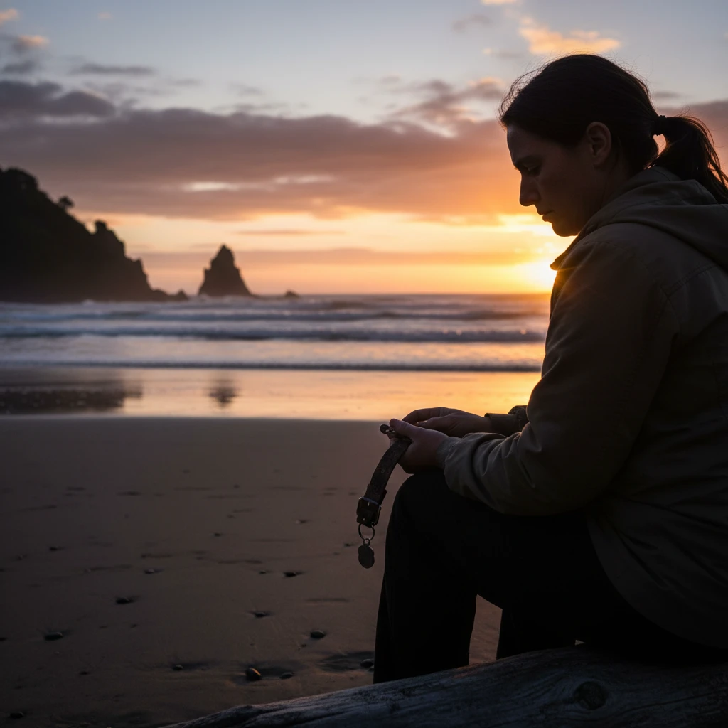 Owner reflecting on pet loss on a New Zealand beach