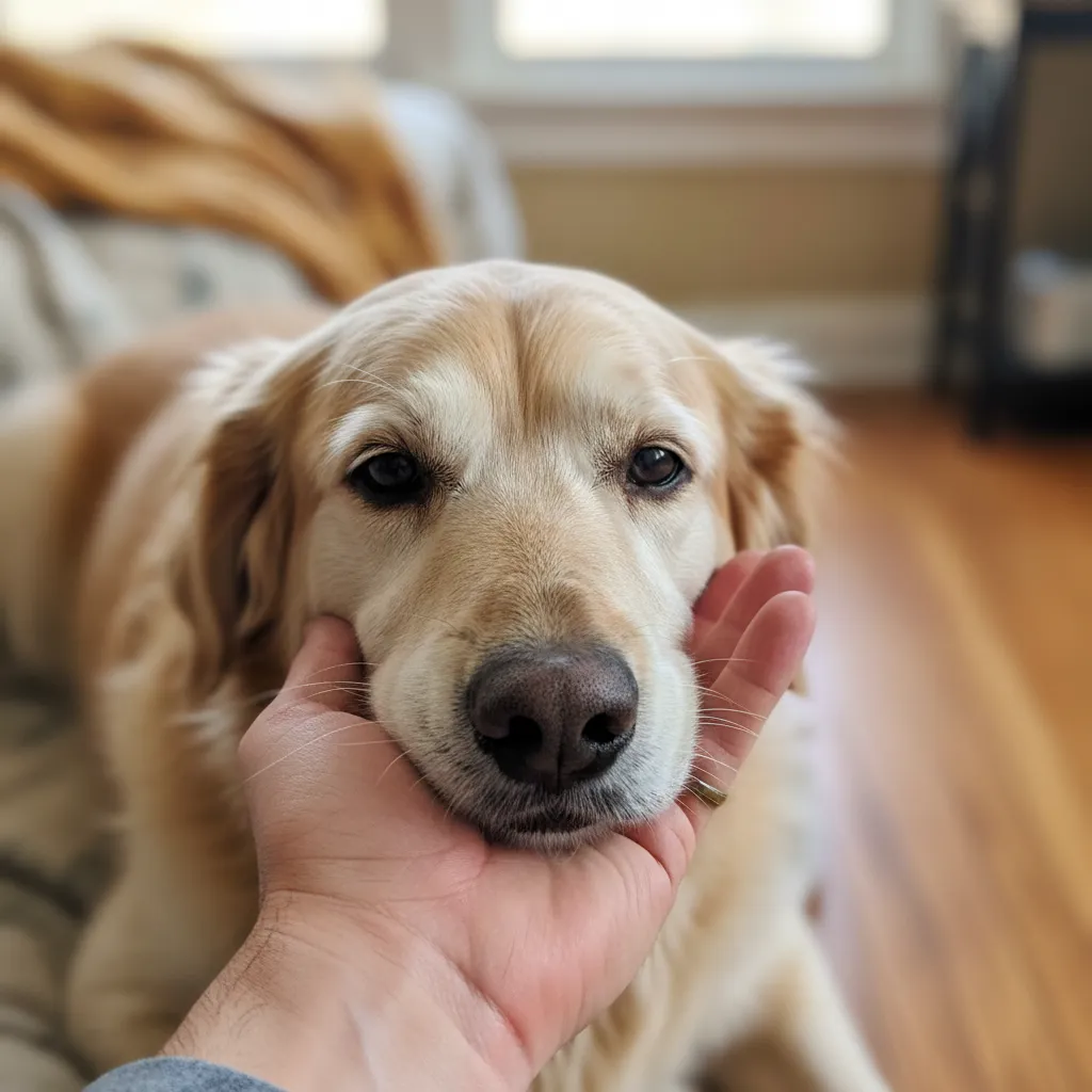 Senior dog resting head on owner's hand