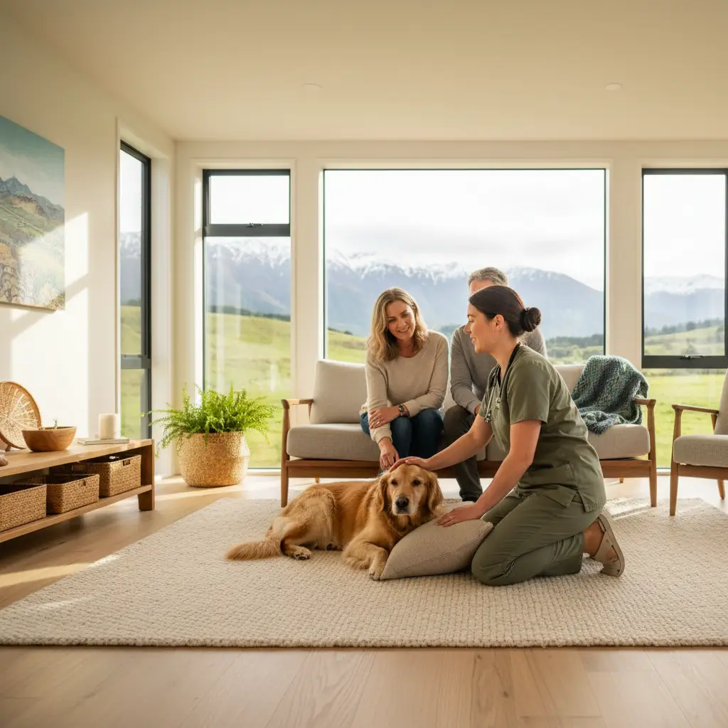 Mobile veterinarian visiting a home in New Zealand
