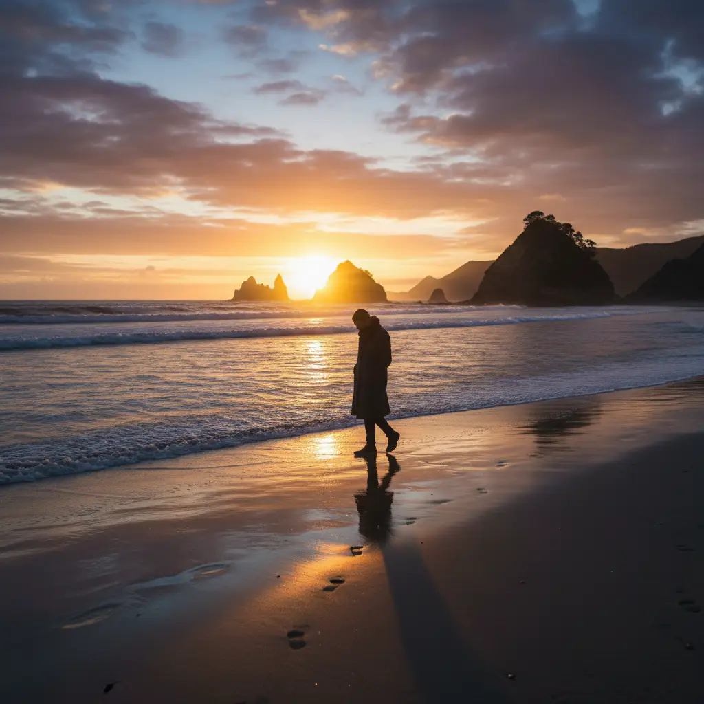 Person walking on a New Zealand beach reflecting on loss
