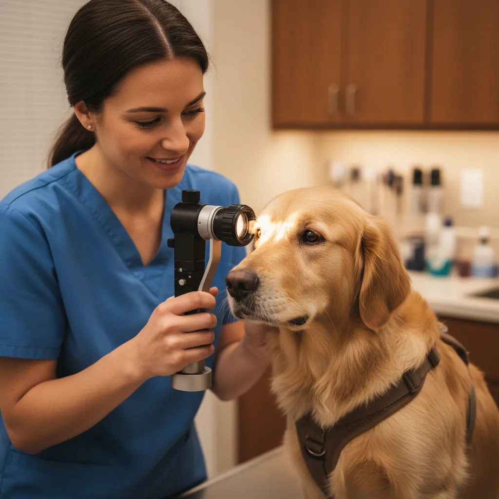 Veterinary ophthalmologist examining a dog's eye