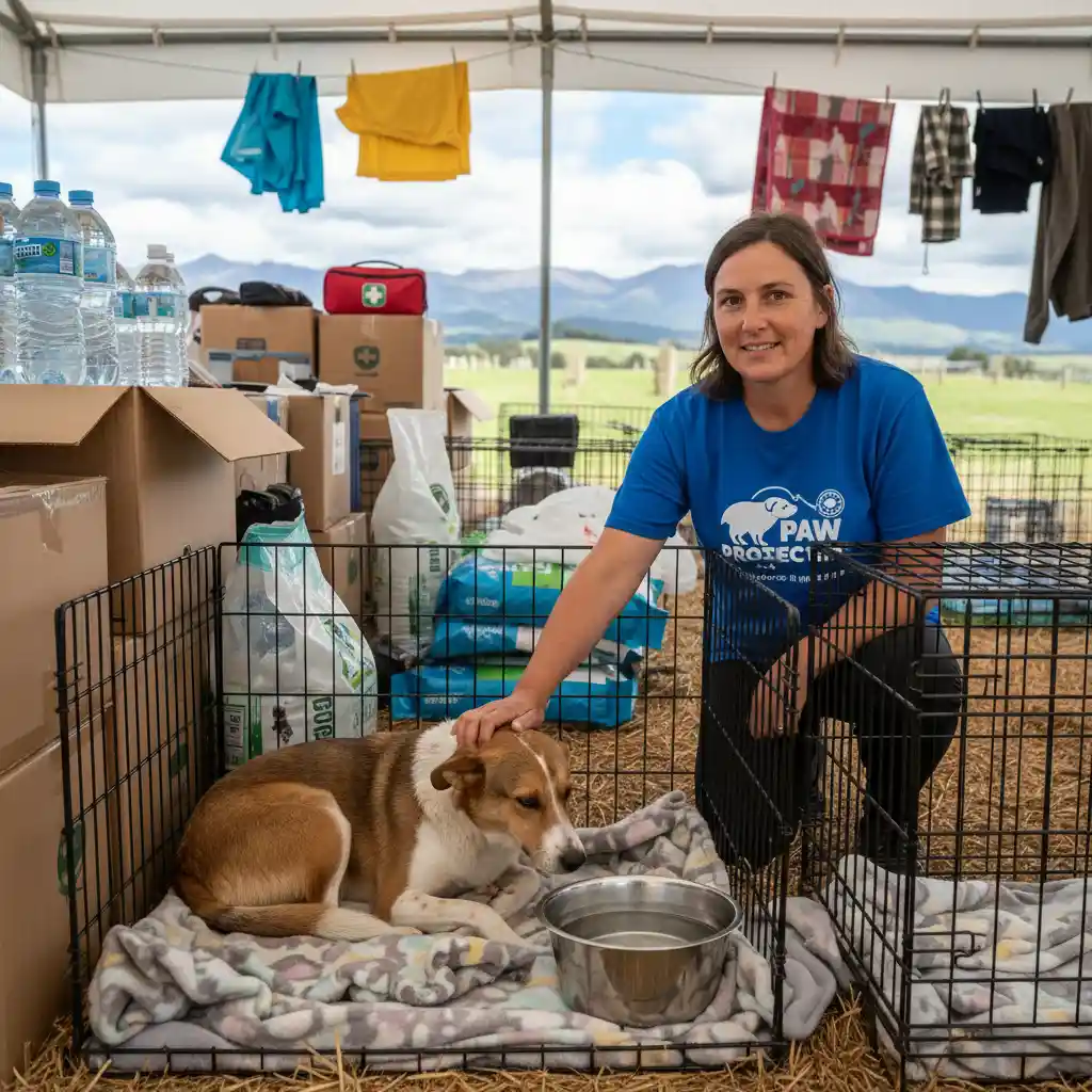 Volunteer comforting a displaced dog at an emergency shelter in NZ