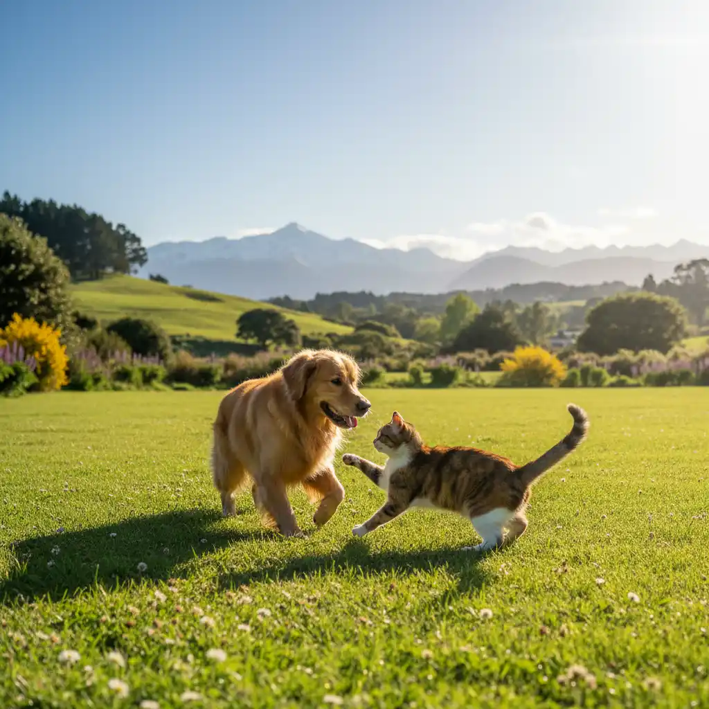 Healthy pets playing outdoors