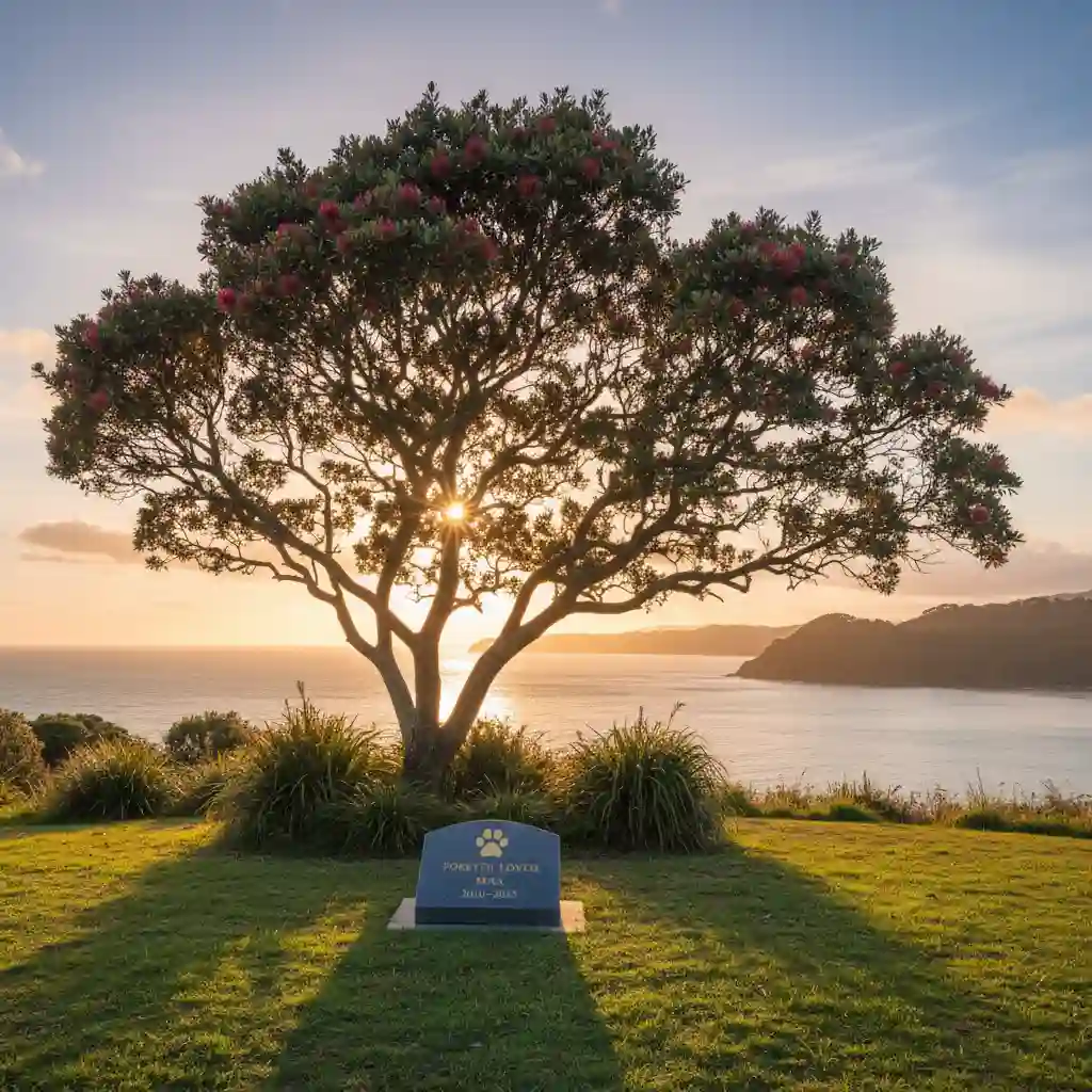Pet memorial stone under a tree in a New Zealand landscape