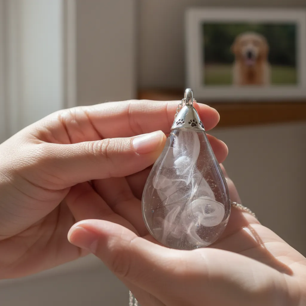 Glass memorial jewelry containing pet ashes
