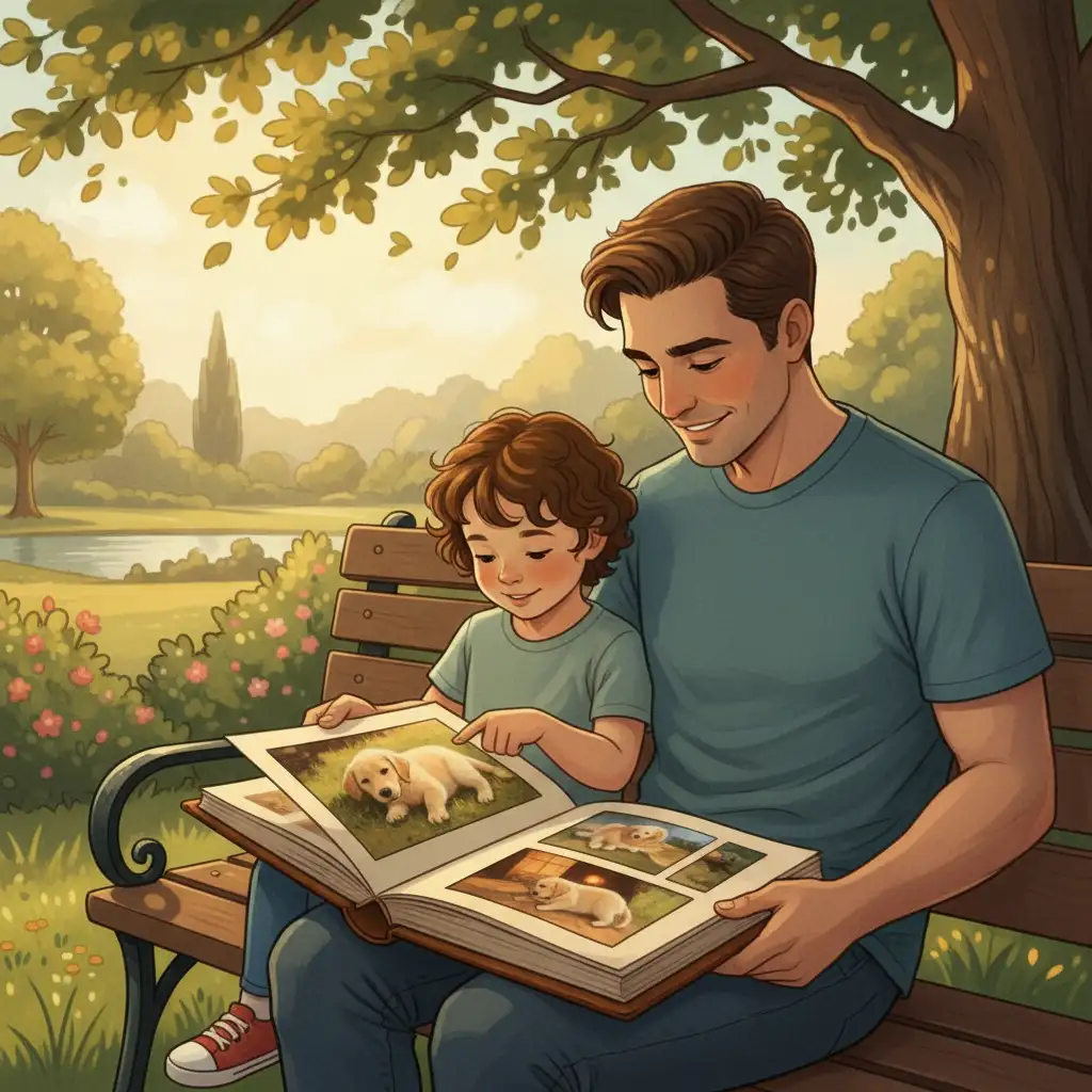 Parent and child looking at pet photo album