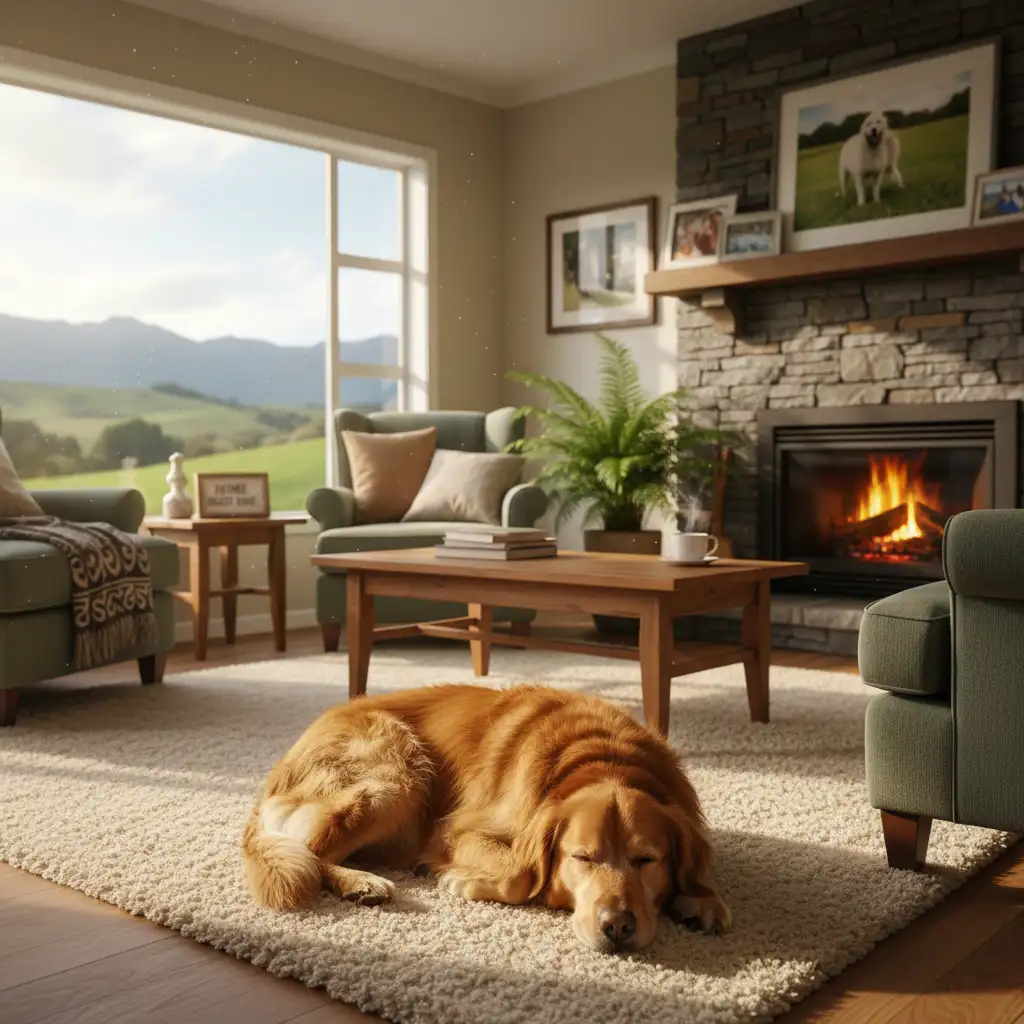 Golden Retriever relaxing in a home environment