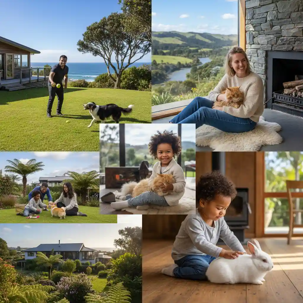 Diverse New Zealanders enjoying various pets in their homes and outdoors