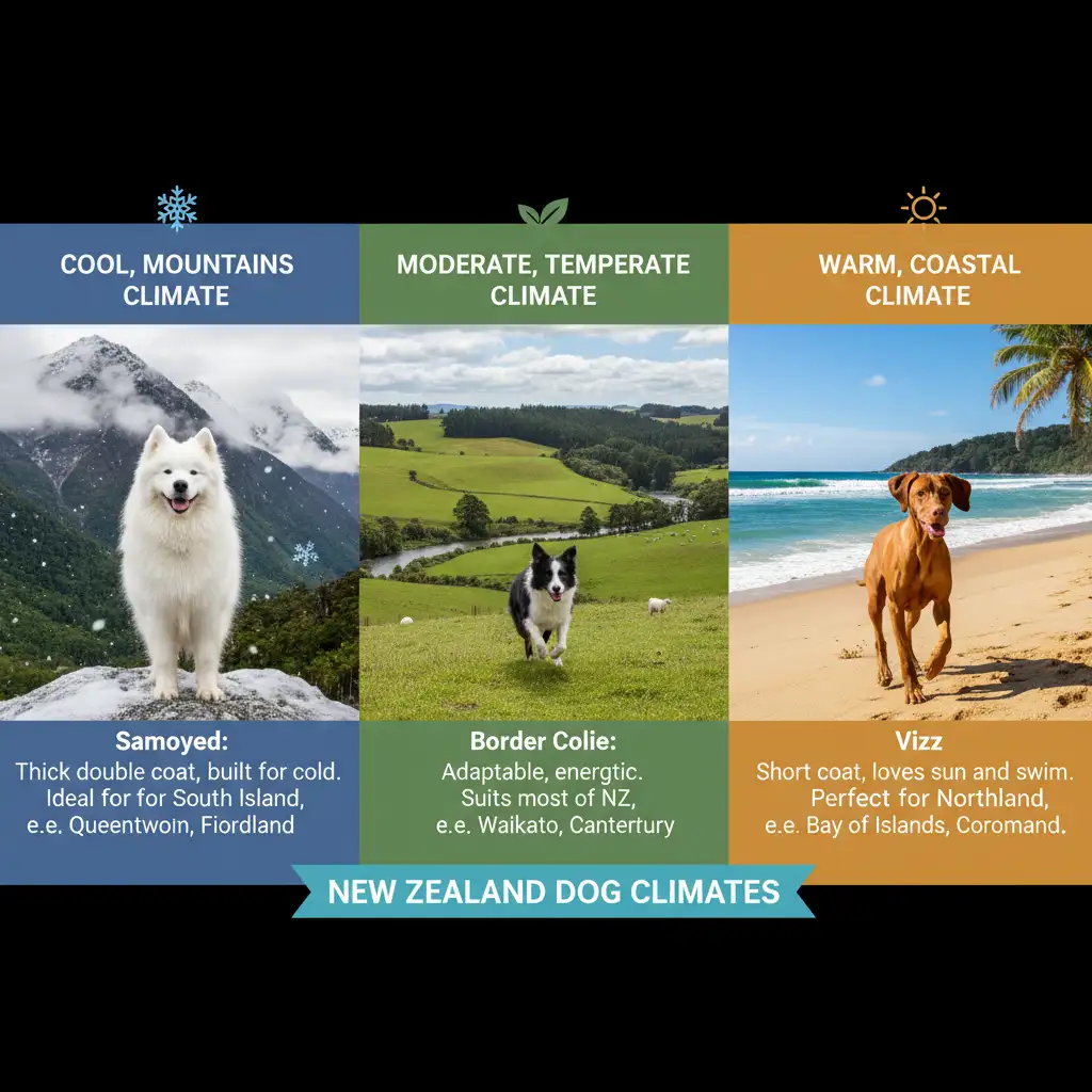 Infographic showing different dog breeds suited to varied NZ climates