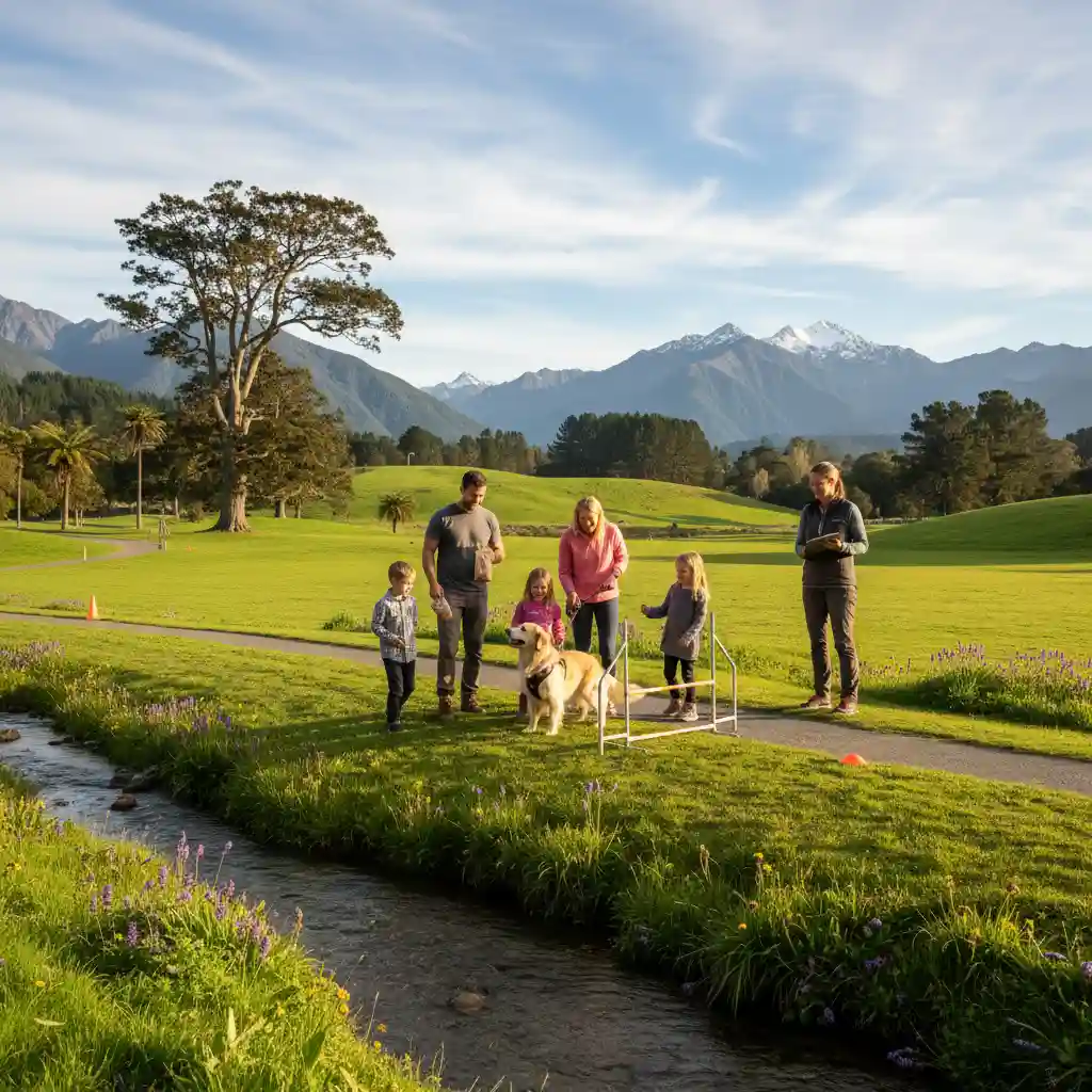 Family training their dog in a beautiful NZ park