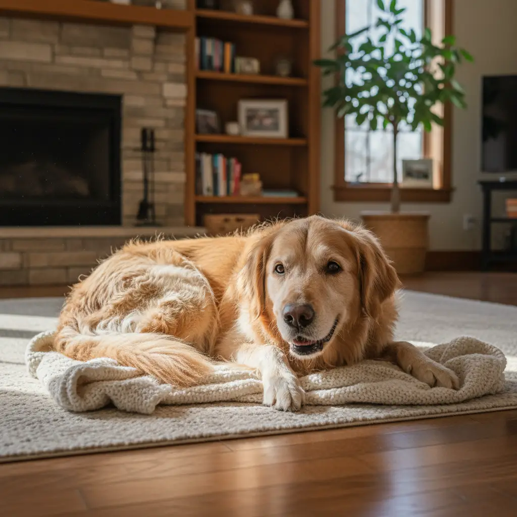 An older golden retriever resting on a blanket, embodying the calm demeanor of senior pets.
