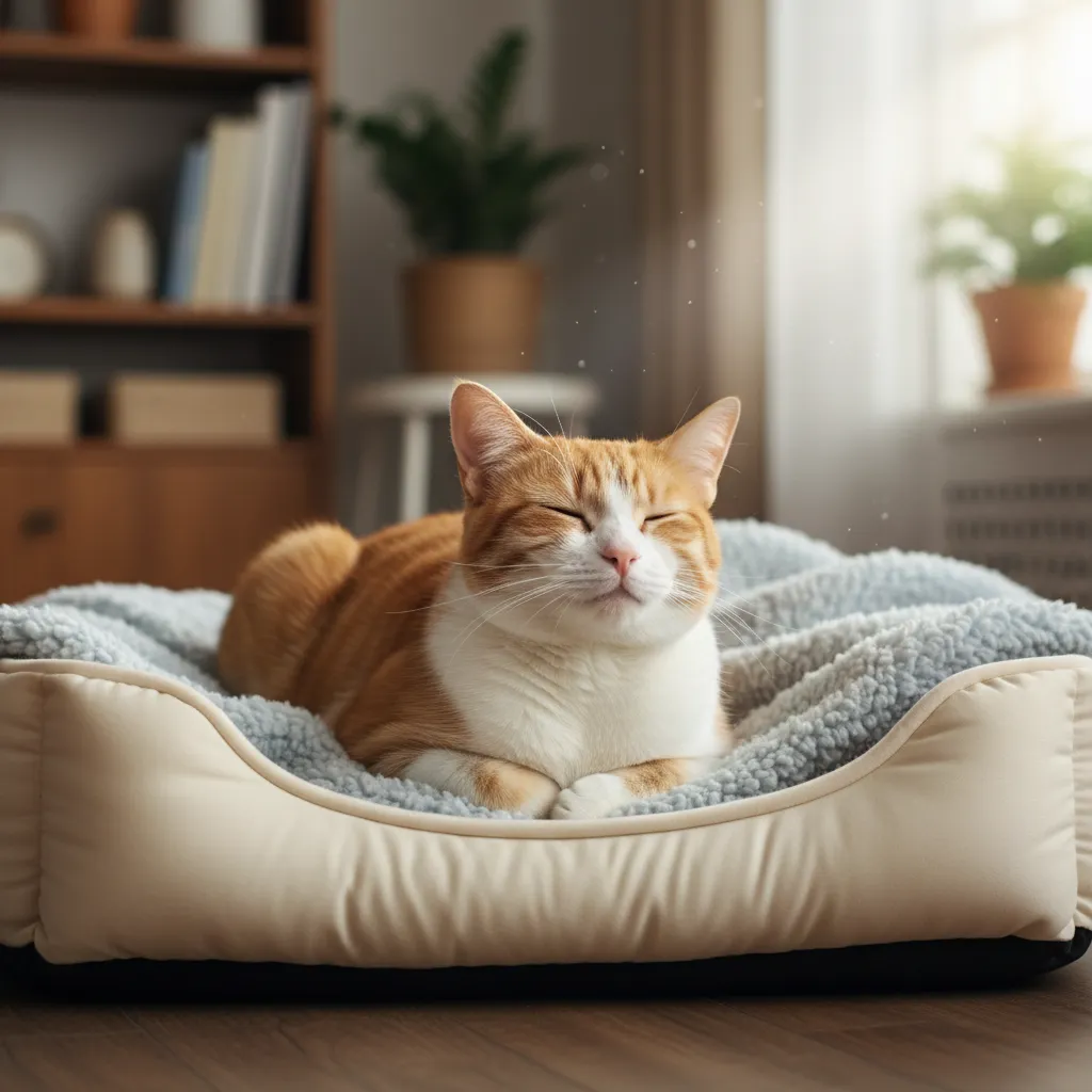 An older cat comfortably resting on an orthopedic bed, highlighting the need for joint support.
