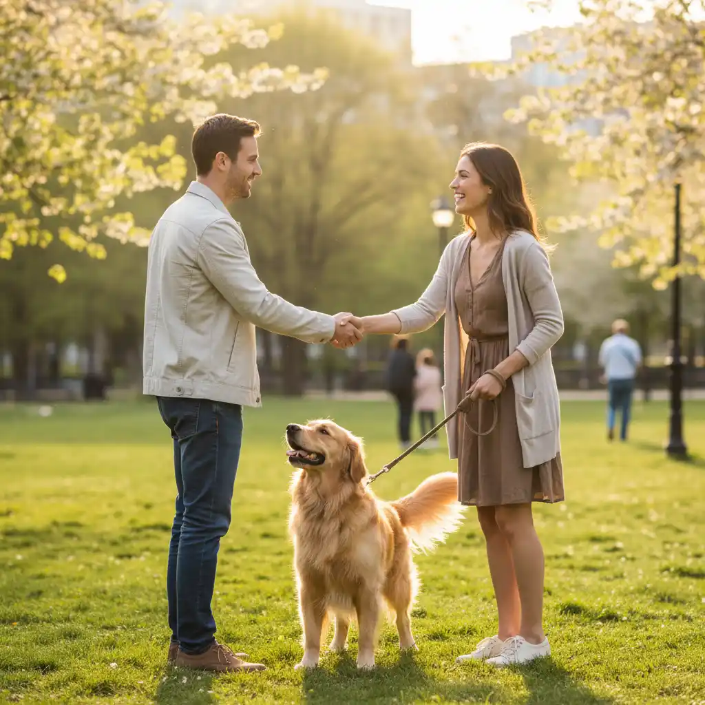 Pet owner and adopter shaking hands at a meet and greet