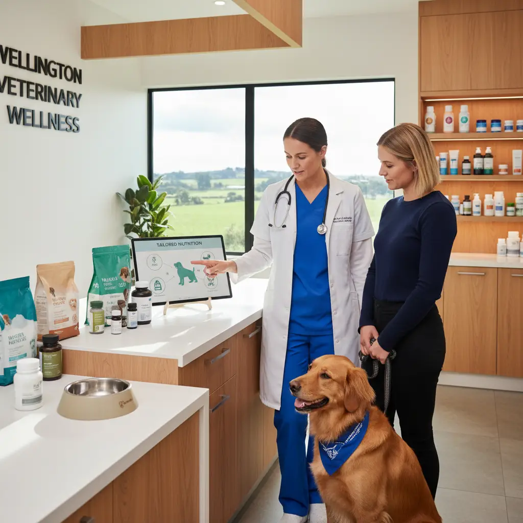 Veterinarian discussing tailored nutrition plans with a pet owner and their happy dog in New Zealand