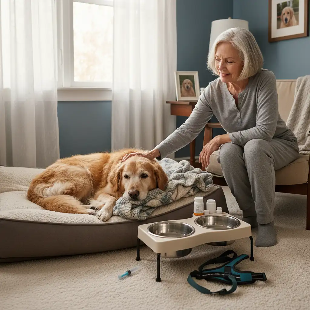 An elderly dog comfortably resting on a plush bed next to its owner, illustrating compassionate advanced geriatric pet care in New Zealand