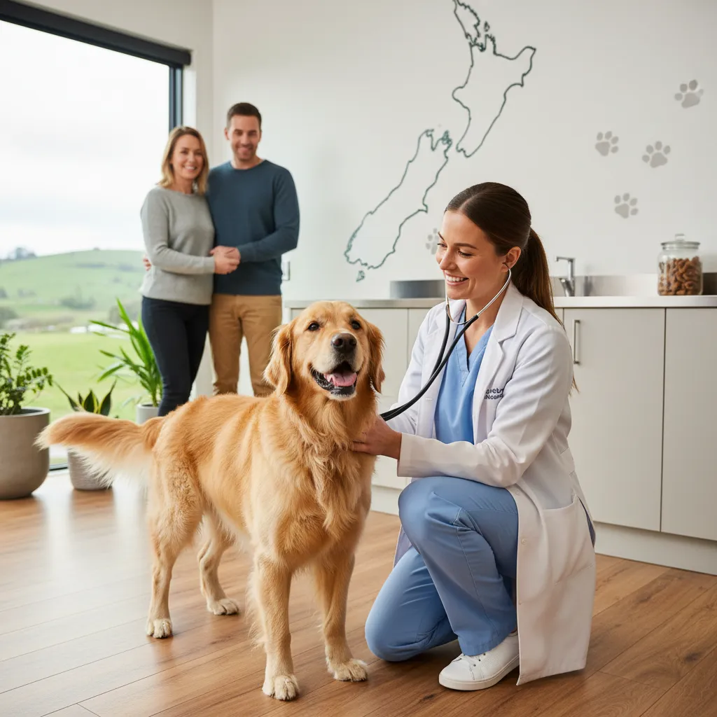 Veterinarian performing a routine check-up on a happy dog in a clinic