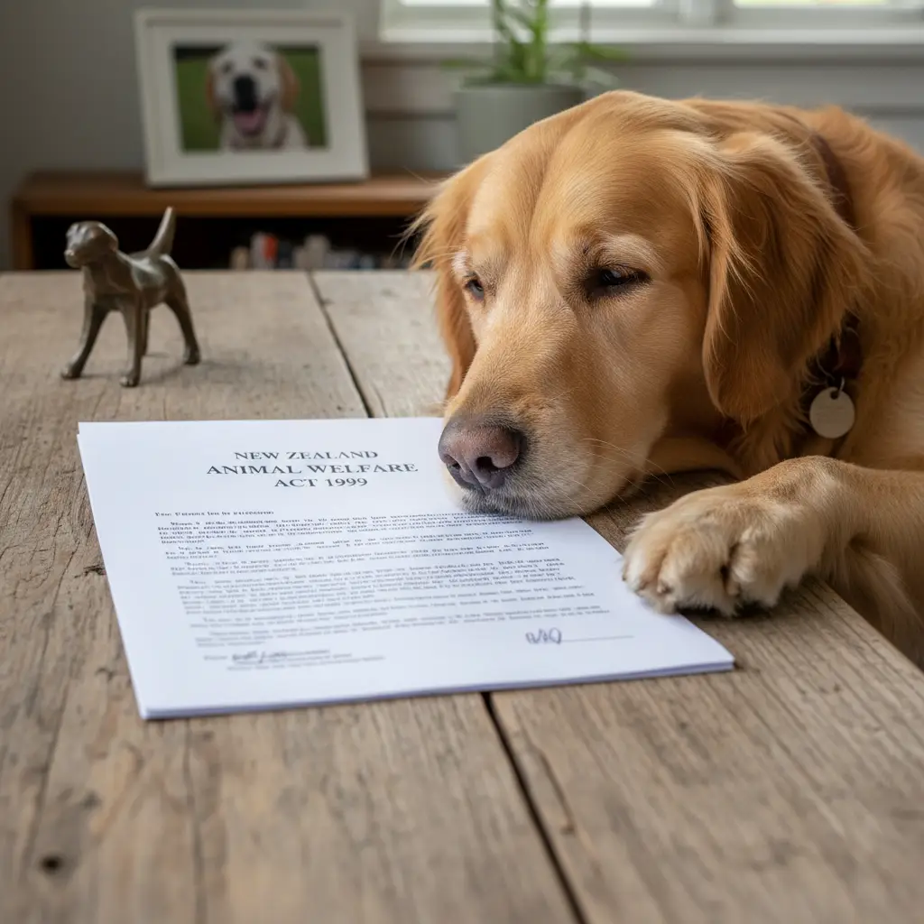 New Zealand Animal Welfare Act document next to a dog