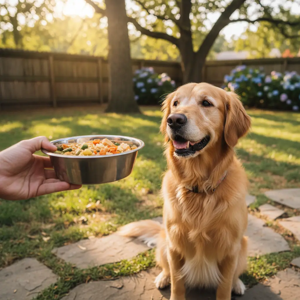 Senior dog eating healthy food