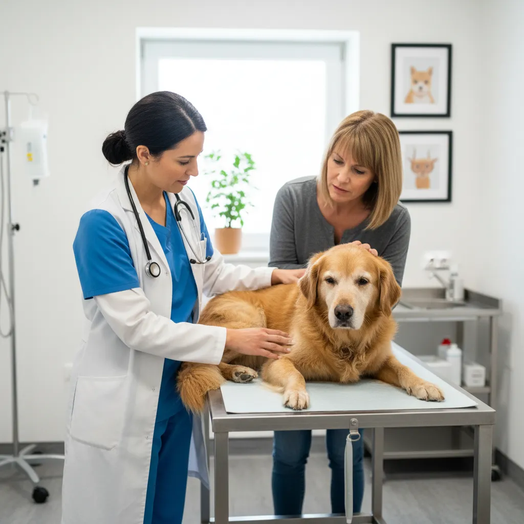 Veterinarian examining a senior dog for chronic pain