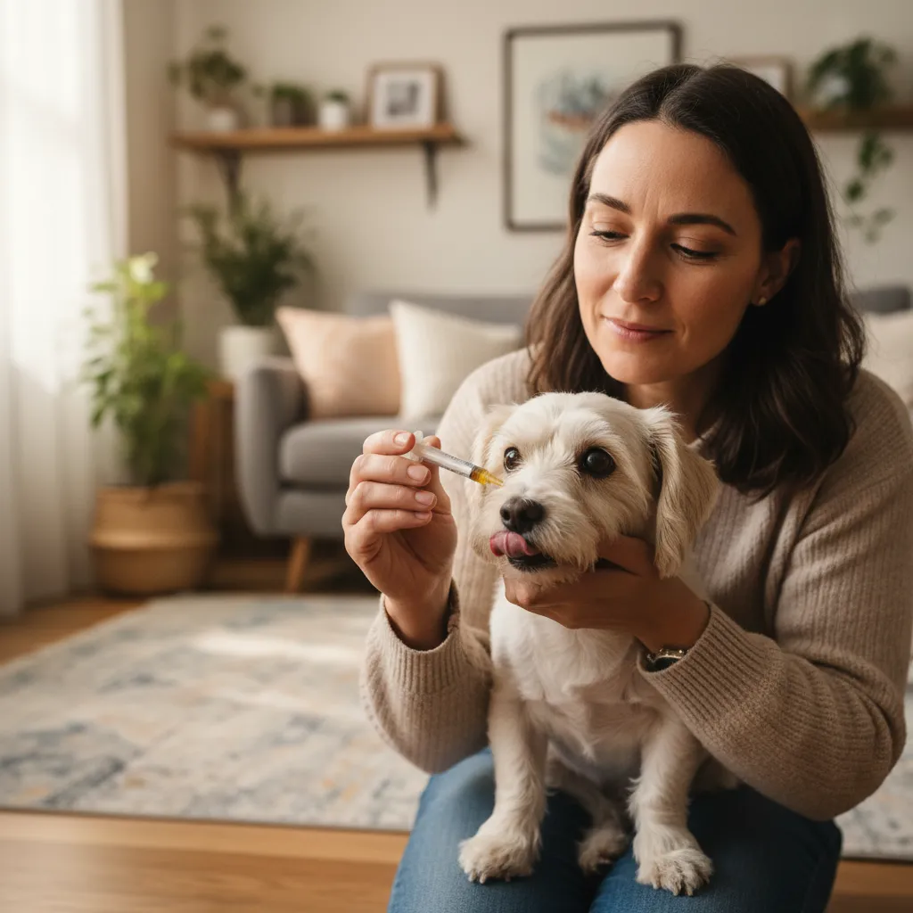 Pet owner giving medication to their dog