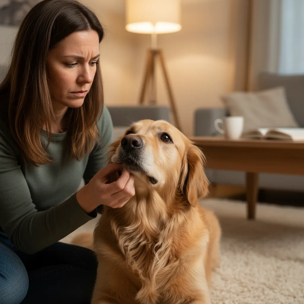 Pet owner checking their dog for emergency signs